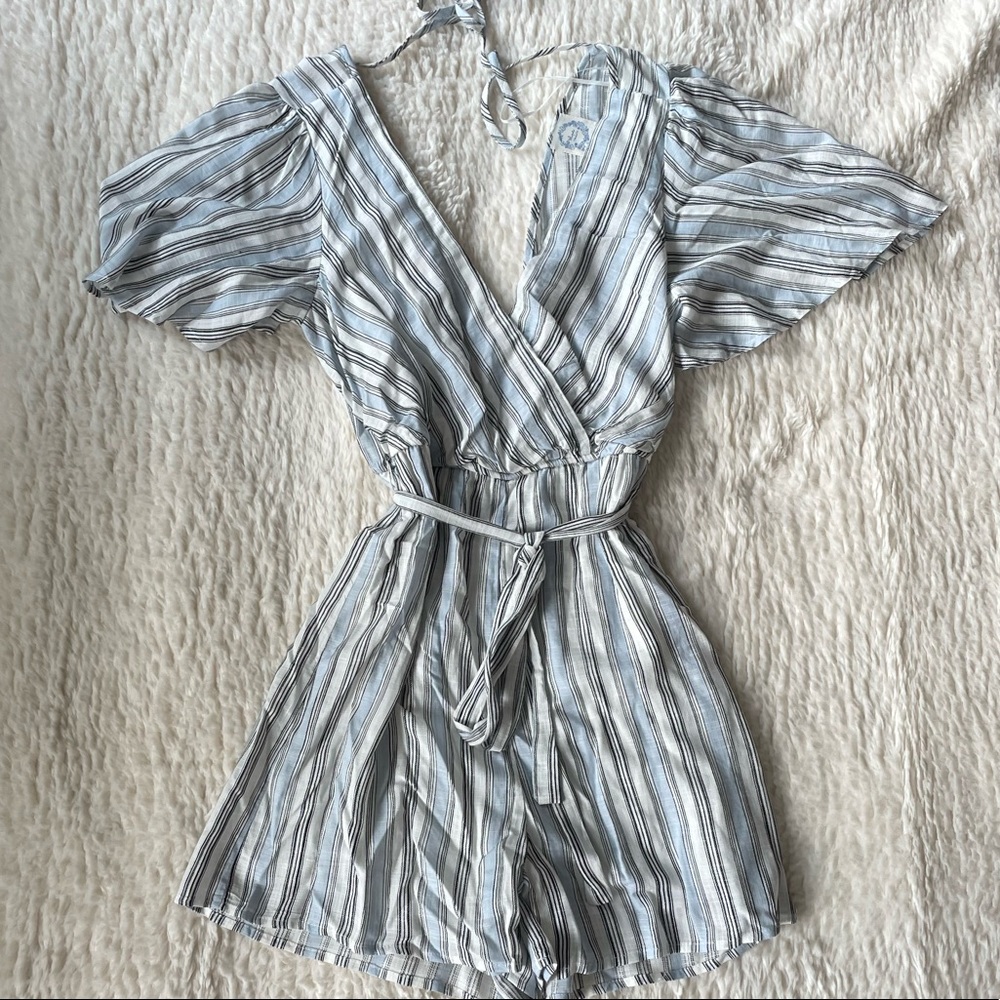 Blue/Grey Striped Short Sleeve Blue Rain Romper